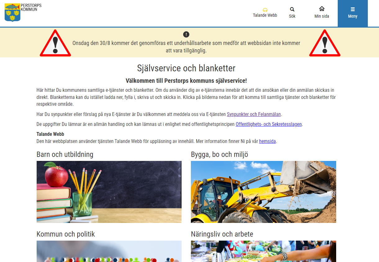 Skärmklipp e-tjänster Perstorps kommun. Underhållsarbete 30 augusti.