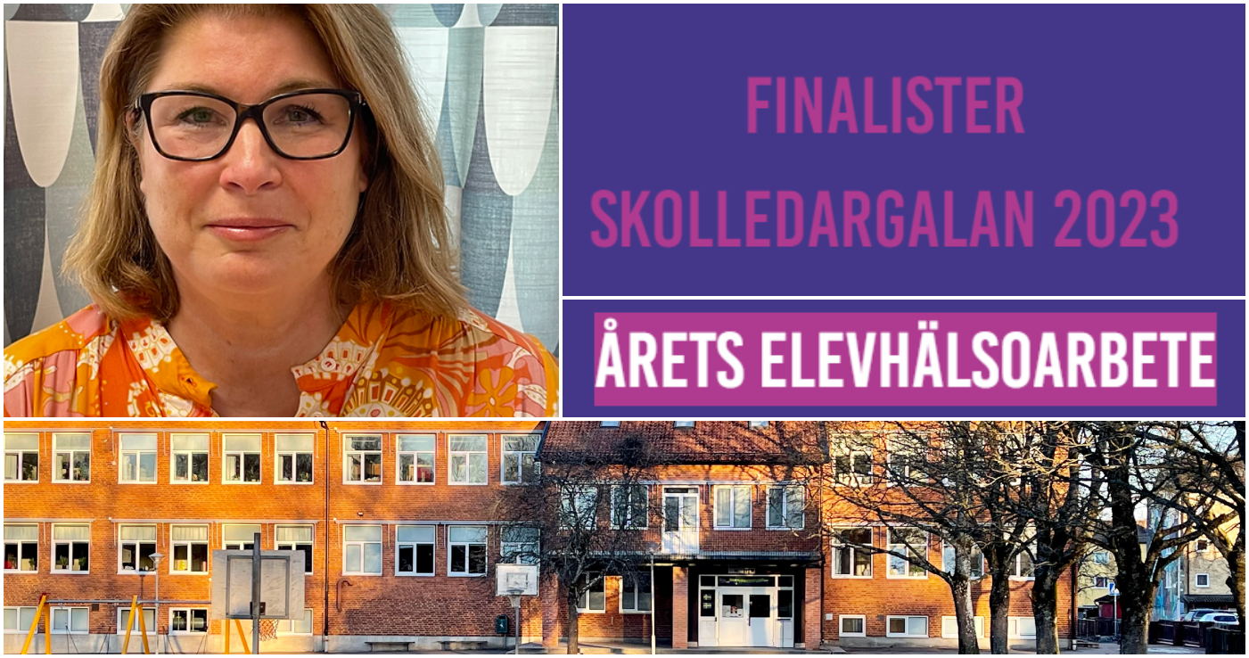 Bildcollage med fyra bilder där två av dem har blå bakgrund och det står med lila respektive vit text Finalister skolledargalan 2023 och Årets Elevhälsoarbete. Övriga två bilder visar exteriör Centralskolan 4-6 samt porträttbild på rektor Lena Brodd..