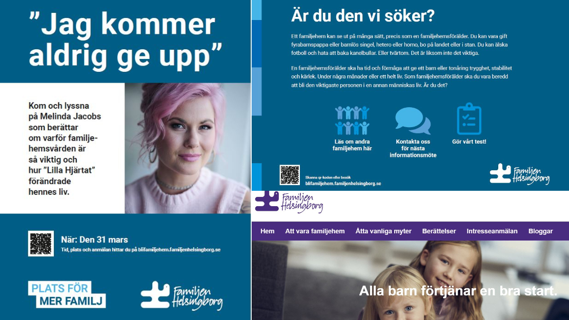 Bildcollage med information om pågående familjehemskampanj i kommunerna inom Familjen Helsingborg. 