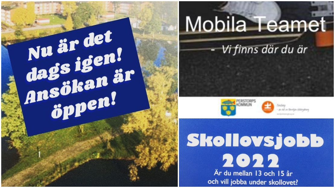 Bildcollage med tre bilder med information om att skollovsjobb arrangeras av Mobila Teamet och Perstorps kommun.