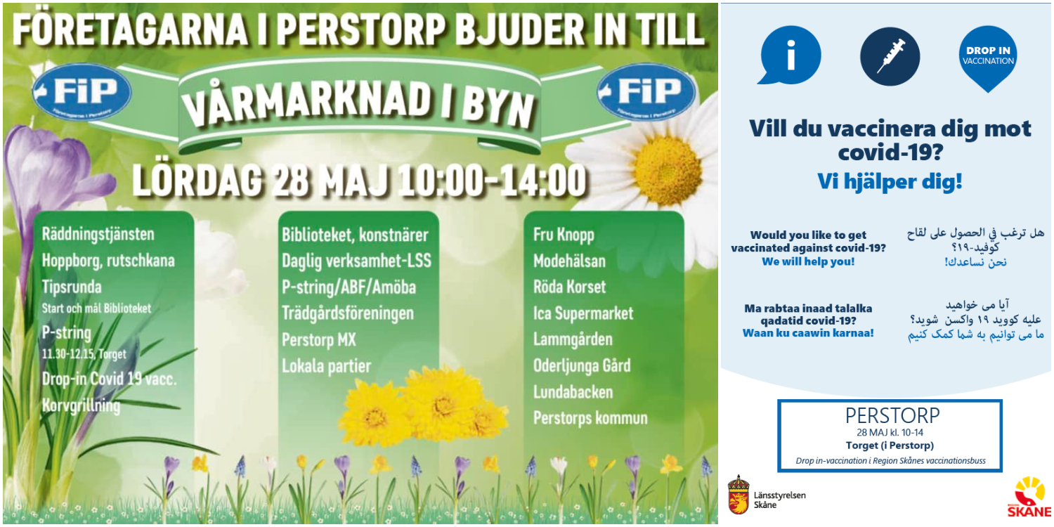 Bildcollage med information från Företagarna i Perstorps om program Vårfest 2022. Dessutom information på flera språk om möjligheten till drop-in vaccination på torget.