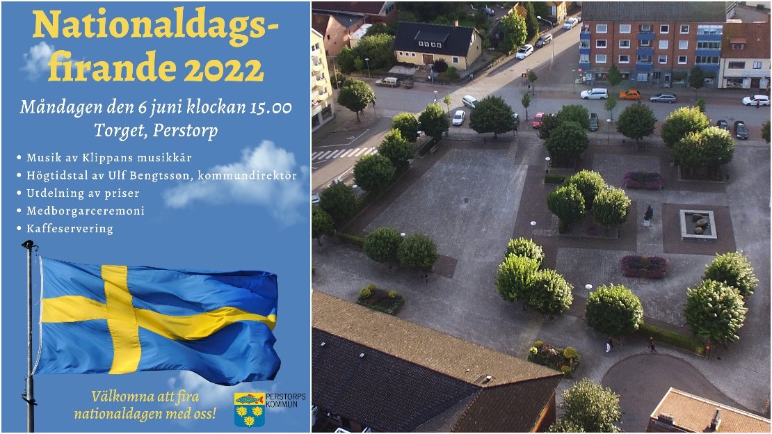 Bildcollage med två bilder där den till vänster visar en svensk flagga och information om program för nationaldagsfirande. Stora bilden bredvid är ett flygfoto över torget.