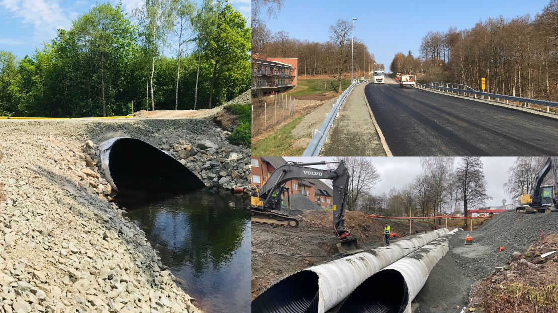 Bildcollage från renovering av rörbroar på Bruksvägen, Gustavsborgsvägen och Oderljngavägen under 2021