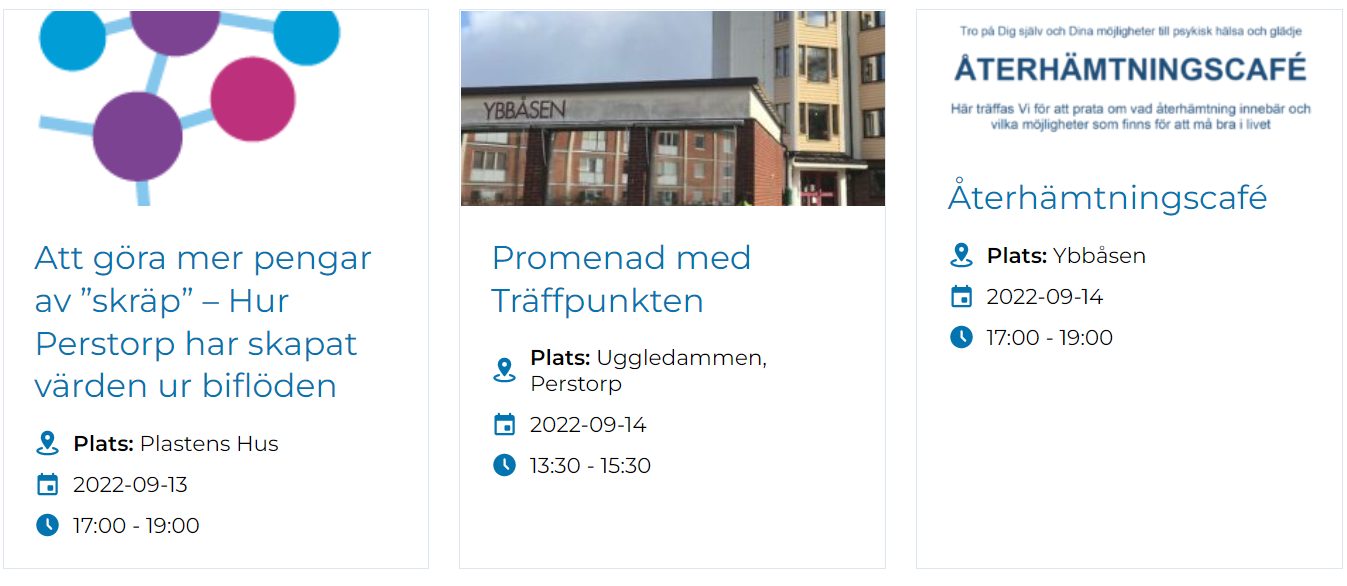 Skärmklipp från evenemangskalendern med tips på kommande aktiviteter i Perstorp.