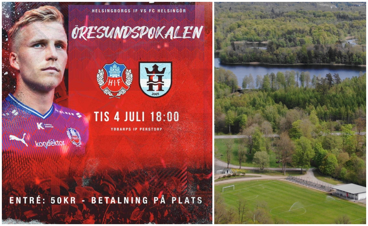 Bildcollage med två bilder där den till vänster är ett montage med en fotbollsspelare från Helsingborgs IF samt information om match mellan Helsingborgs IF och Helsingör den 4 juli. Den andra bilden är en flygbild över Ybbarps IP där matchen spelas.