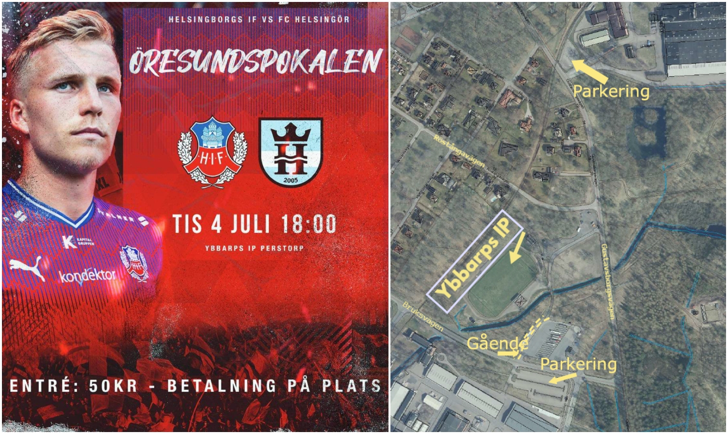 Bildcollage HIF-Helsingör med information om parkering till matchen