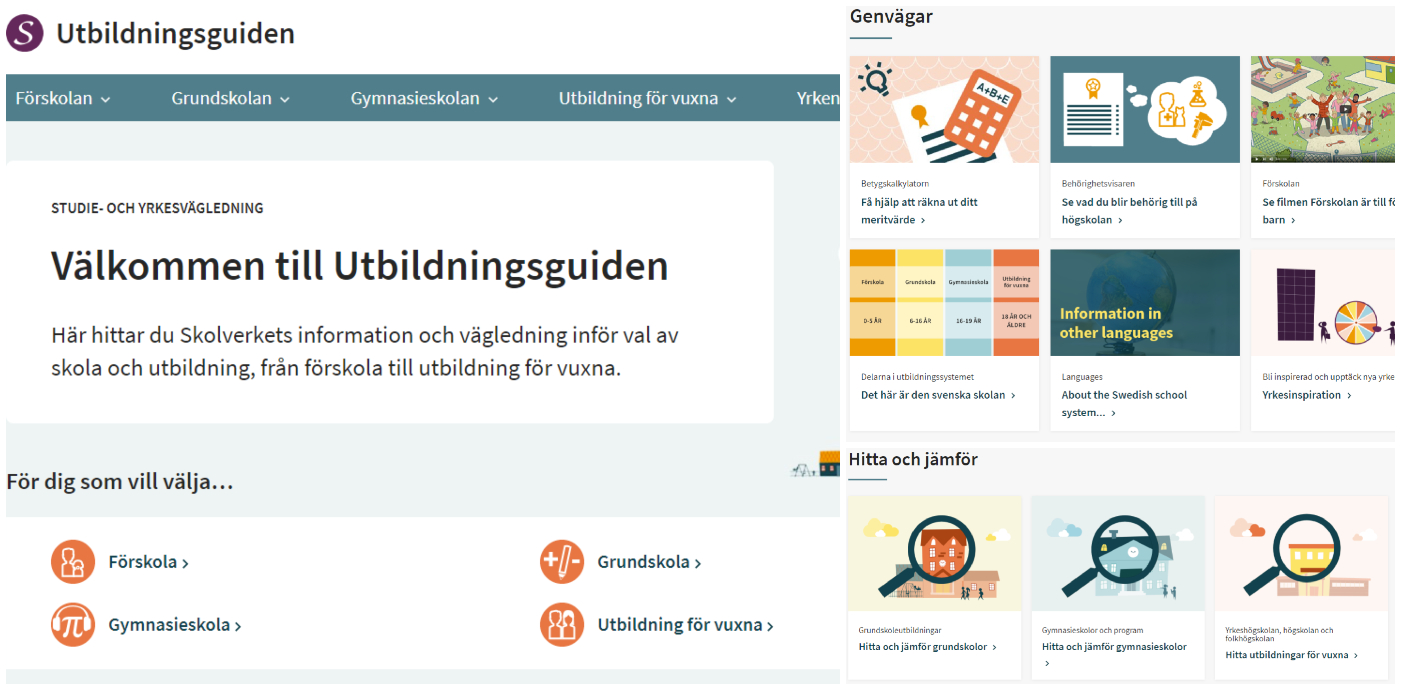 Bildcollage med skärmklipp från Skolverkets webbplats Utbildningsguiden med information till den som ska söka förskola, grundskola eller gymnasieutbildning eller funderar på vuxenstudier.