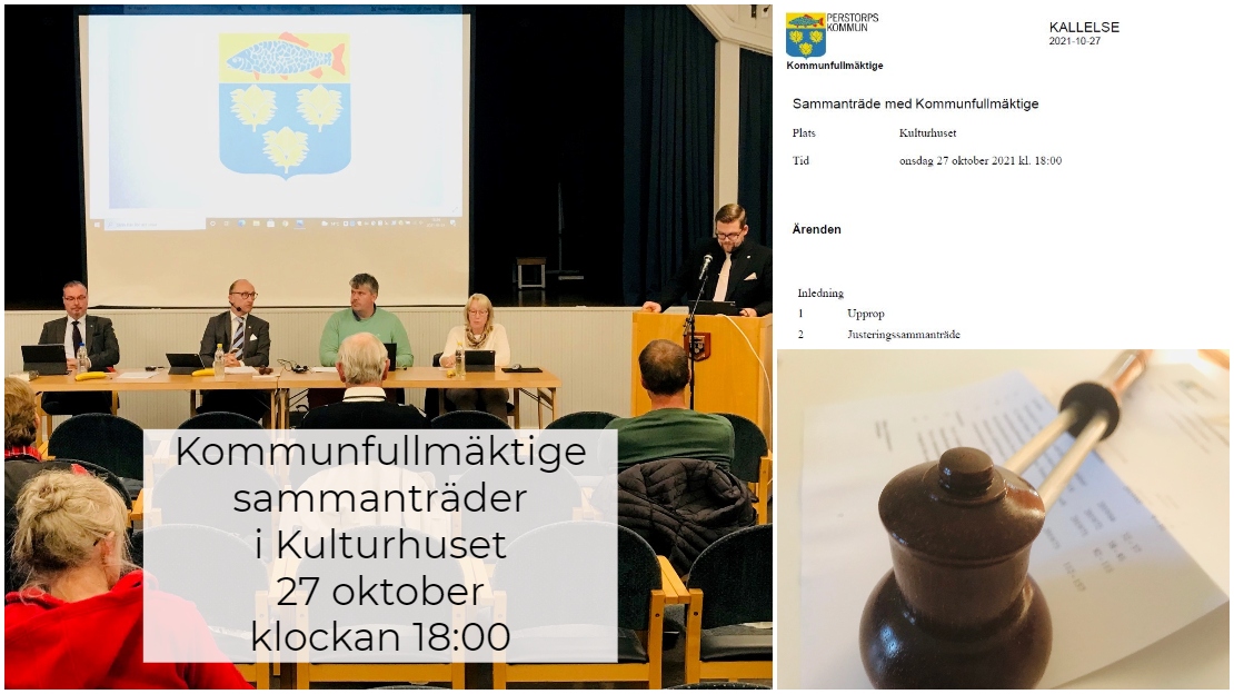 Bildcollage inför kommunfullmäktige 27 oktober i Kulturhuset. Bilderna visar ledamöter, kallelse och ordförandeklubba.