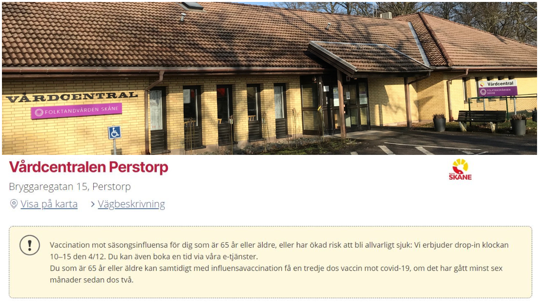 Bildcollage som visar vårdcentralen i Perstorp på Bryggargatan 15 sam informationstext om drop-in vaccinering mot säsongsinfluensa den 4 december.