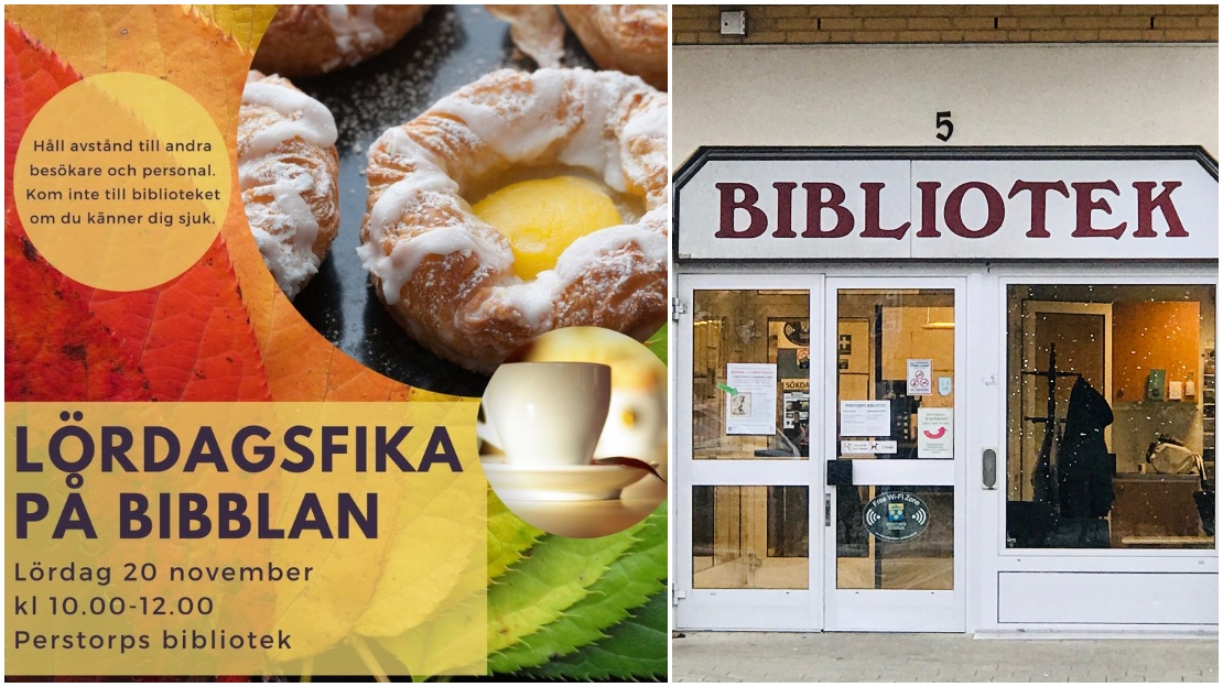 I bakgrunden syns löv i höstens alla färger. Bilder på en kaffekopp och wienerbröd är inklippta. Vidare finns text om tid och datum för lördagsfika.)