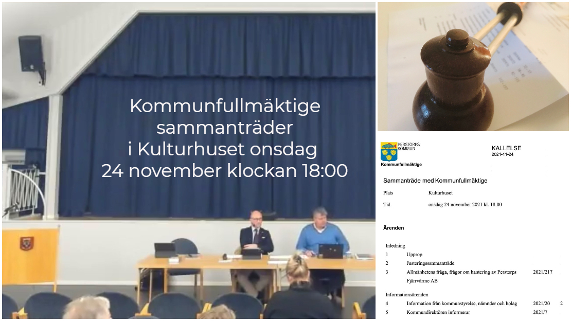 Bildcollage inför kommunfullmäktige i kulturhuset 24 november med ordförandeklubba och skärmklipp på ärendelistan.
