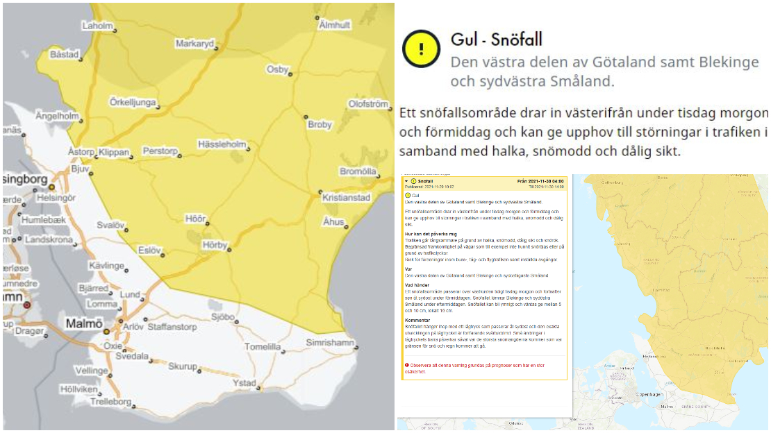 Bildcollage med information om gul vädervarning från SMHI om snöfall.