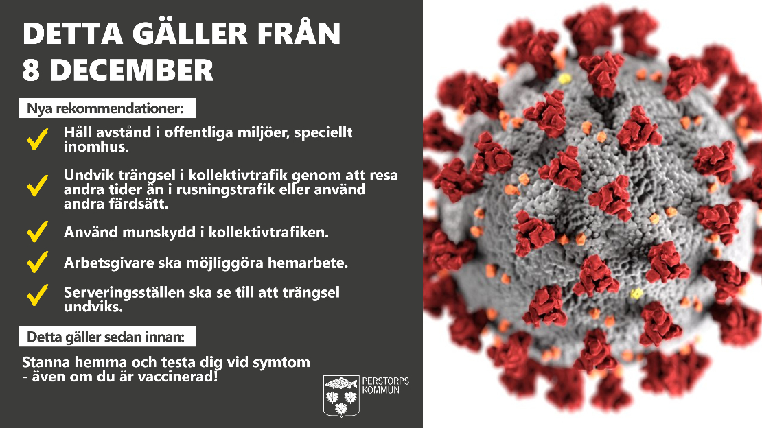 Bildcollage med covid-19virus och beskrivning av nya råd som gäller från 8 december