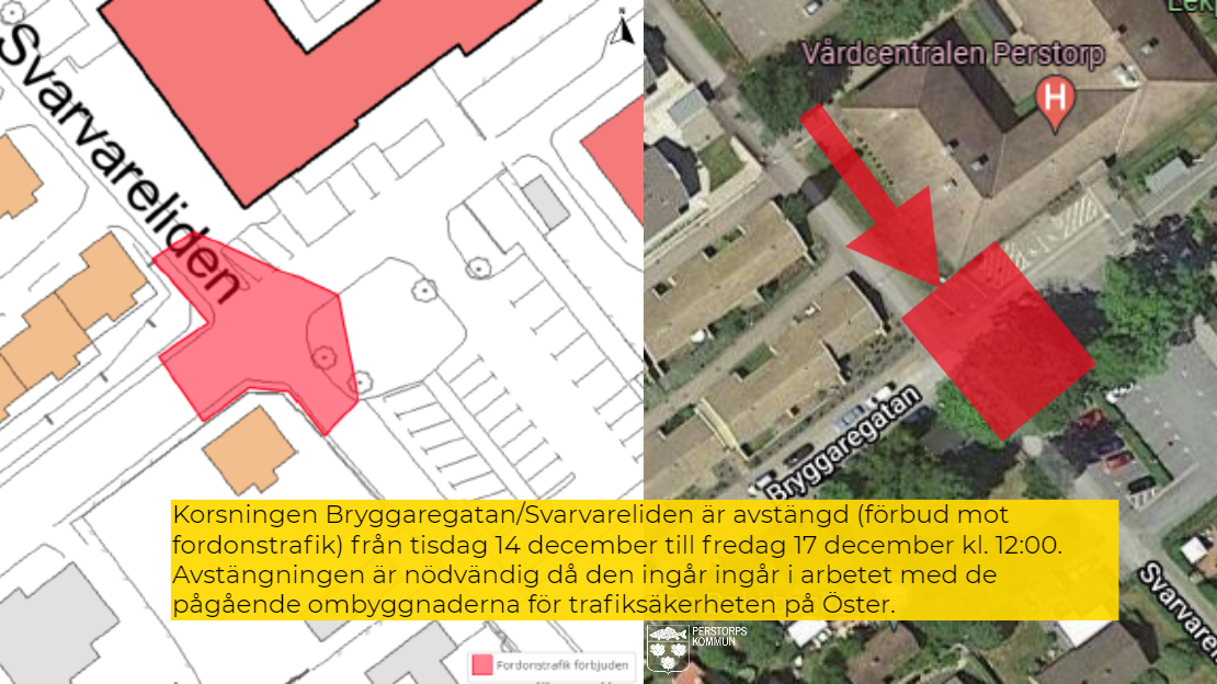 Bildcollage med två bilder som kartor som visar vägkorsning som tillfälligt stängs av på grund av arbeten. Gäller Svaraveliden/Bryggaregatan).
