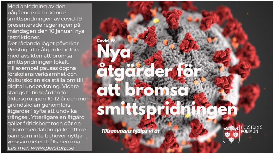 Coronavirus i bakgrunden, ovanpå text i vitt som beskriver vidtagna åtgärder i syfte att bromsa smittsptridningen av covid-19.