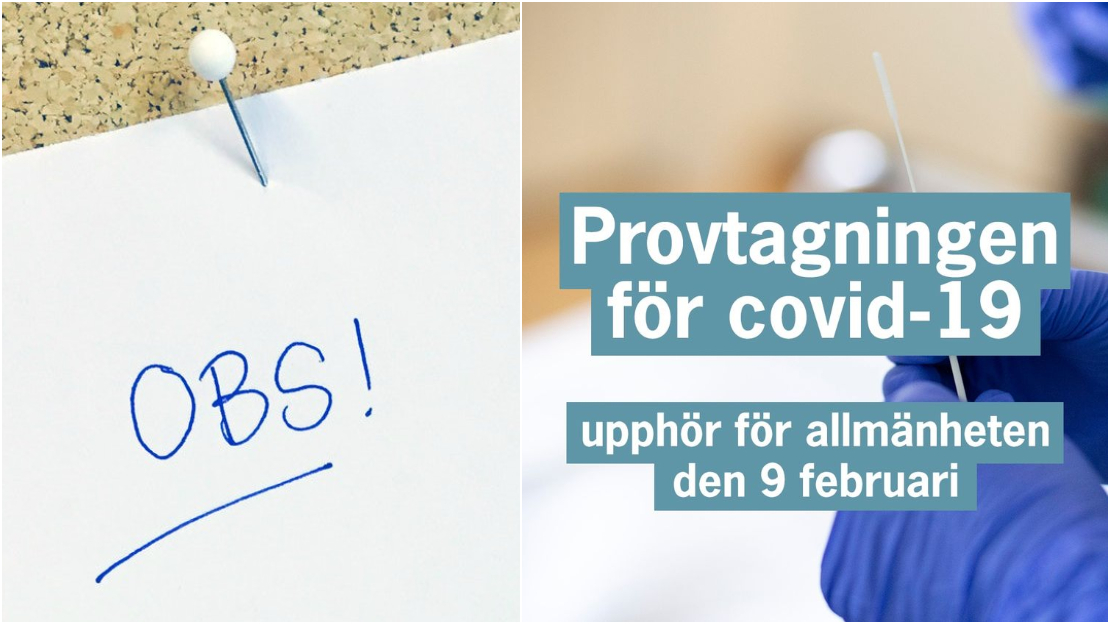 Bildcollage med texten obs och att provtagning för allmänheten upphör 9 februari