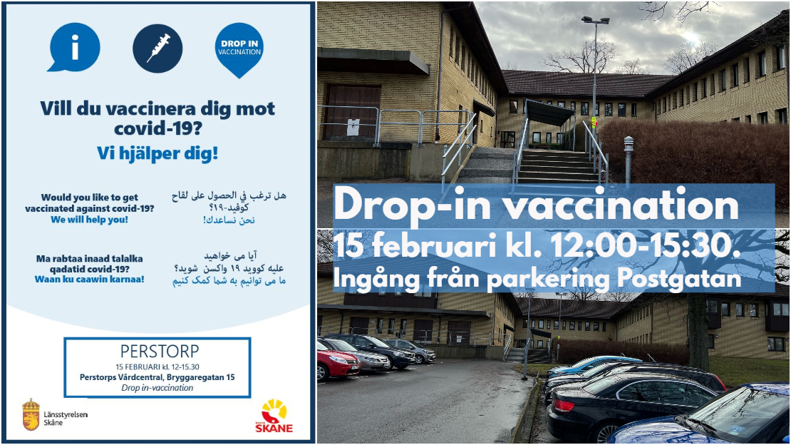 Bildcollage med information om drop in vaccination på vårdcentralen.