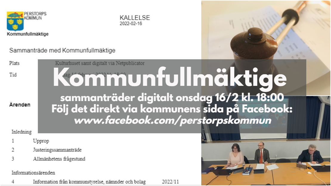 Bildcollage med information om digitalt sammanträde i kommunfullmäktige den 16 februari 2022