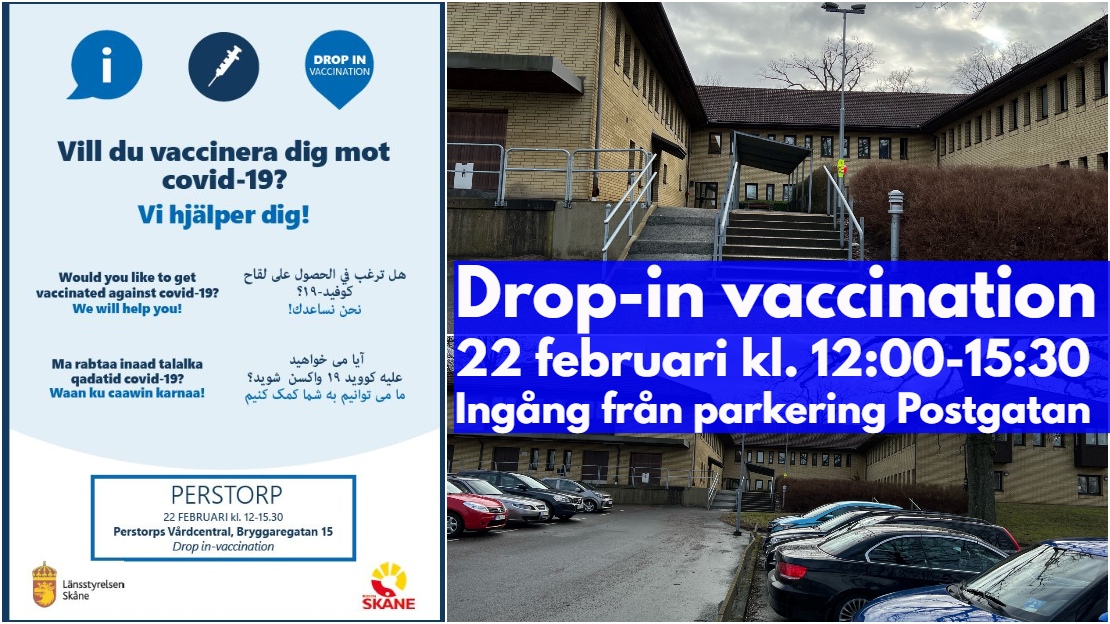 Bildcollage med information om drop in vaccination på vårdcentralen.