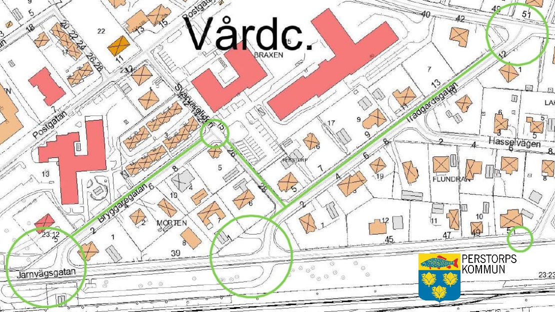Karta över område på öster där trafiksäkerhetsåtgärder påbörjas vecka 41.