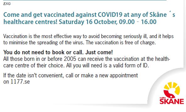 Information på engelska om att vårdcentralen har öppet hus 16 oktober för vaccination