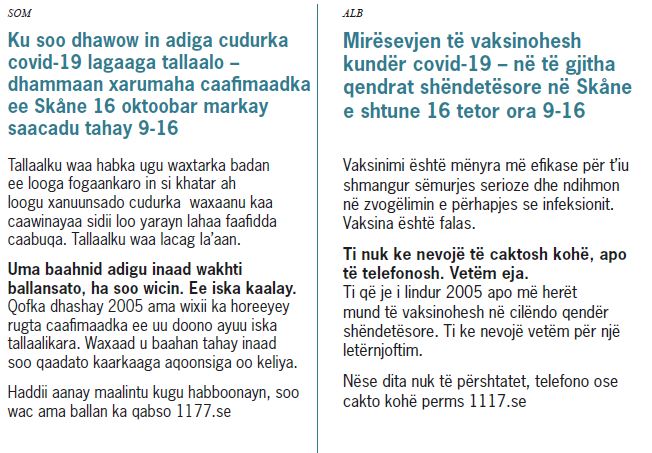 Information på somaliska och albanska att vårdcentralerna i Skåne har öppet hus 16 oktober för vaccination