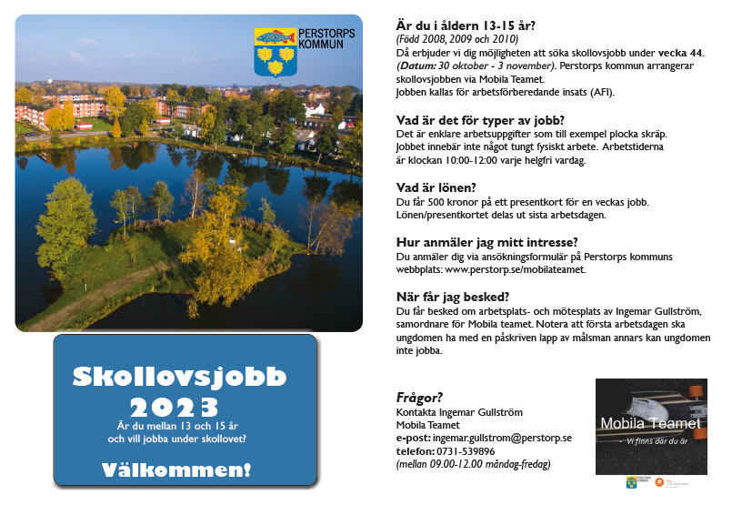 Skärmklipp Flyer med information om skollovsjobb vecka 44