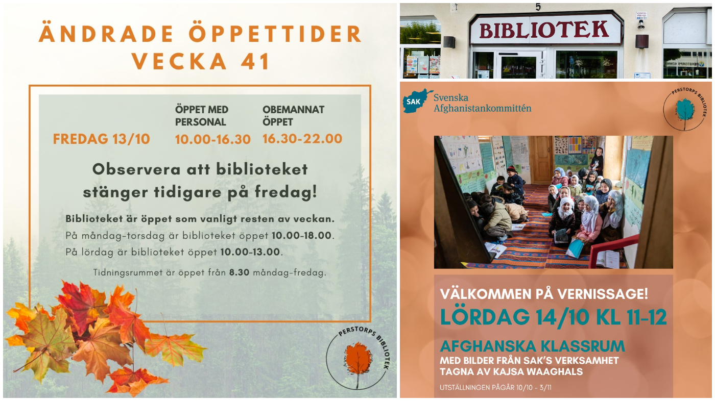 Bildcollage med information om händelser på biblioteket i Perstorp vecka 41.