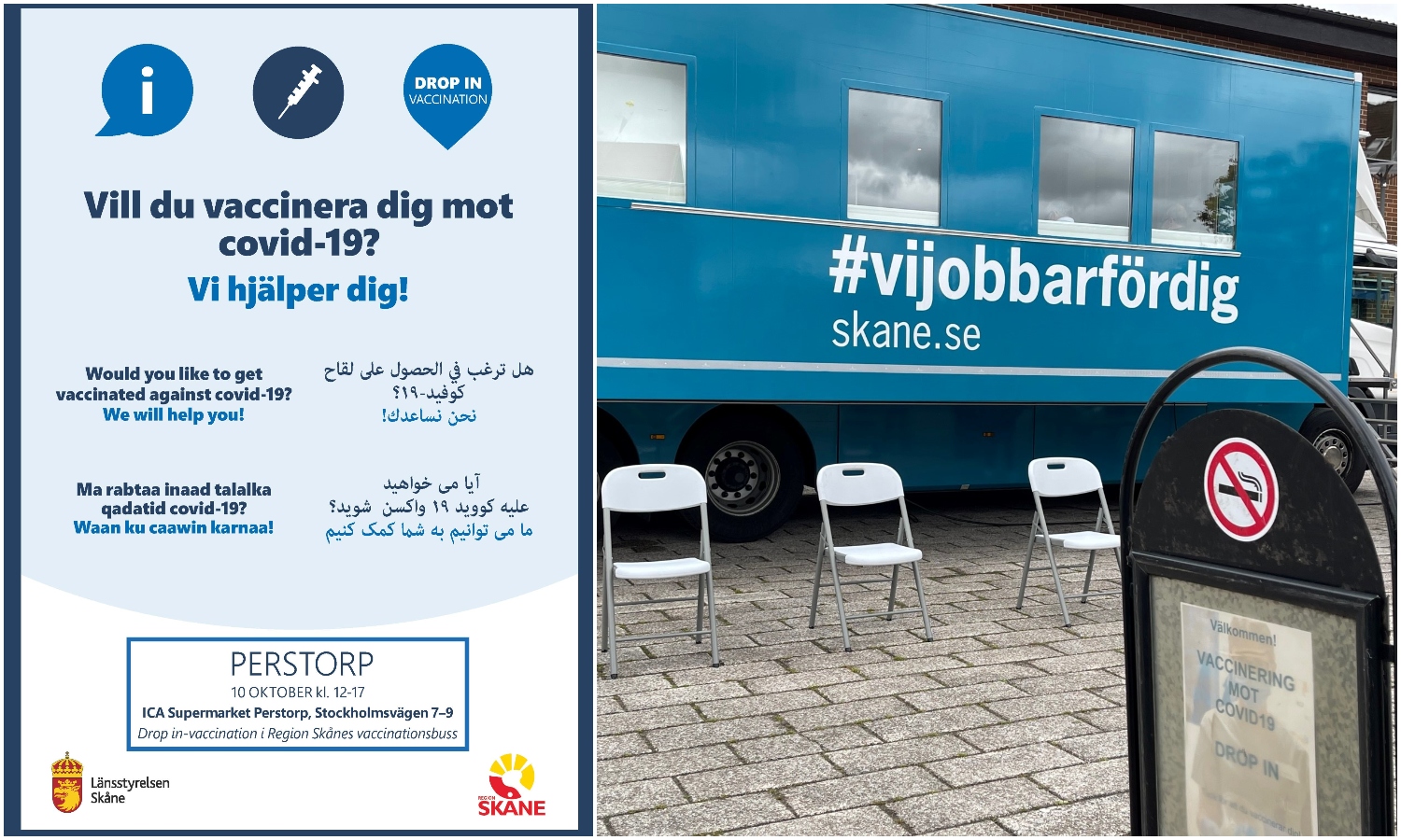 Bildcollage vaccinationsinfo och buss