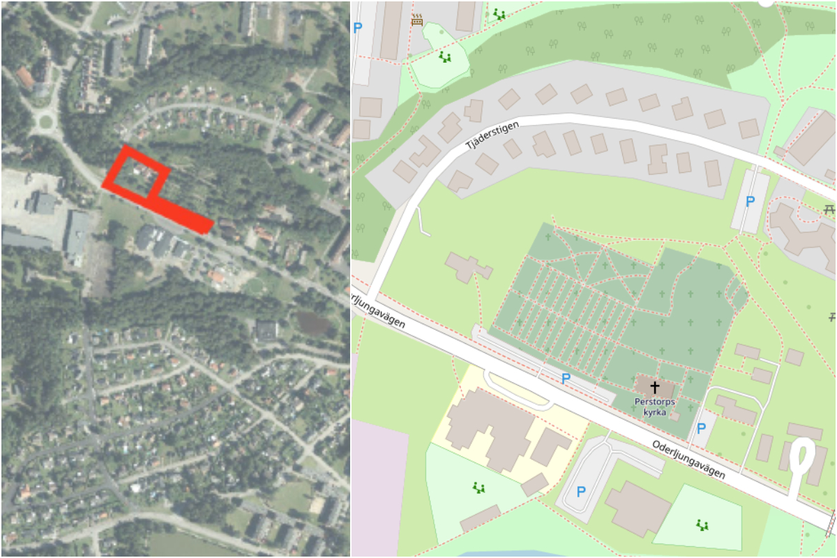 Bildcollage med kartor över detaljplaneområde Perstorp 21:1. Prästgården