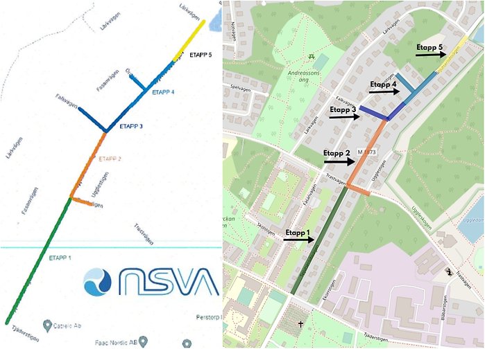 Bildcollage med information om planerat ledningsarbete NSVA
