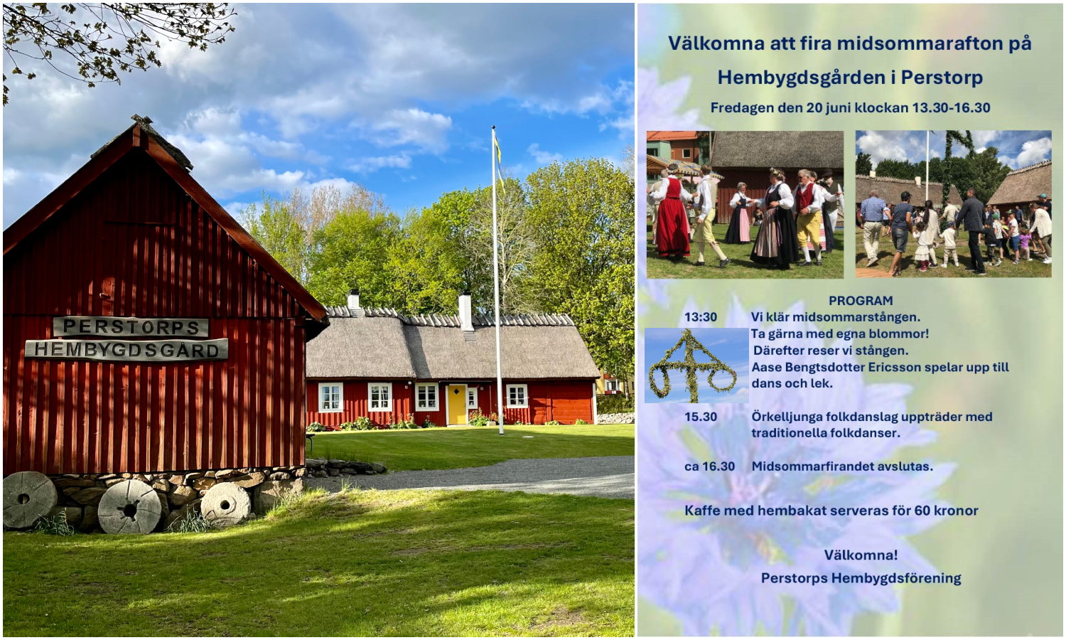 Bildcollage med två bilden som visar Perstorps hembygdsgårde samt affisch om midsommarfirande 2025