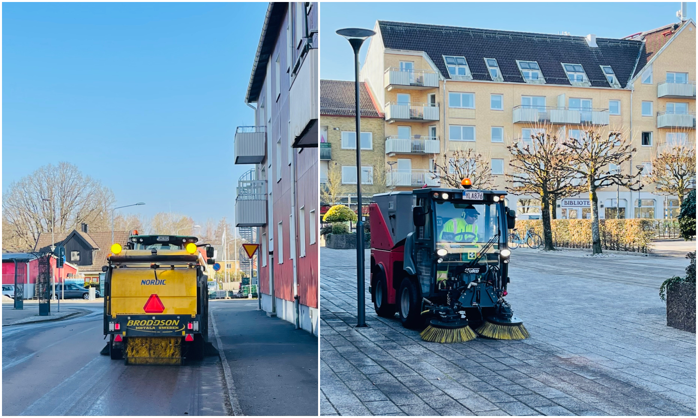 Bildcollage med två bilder som visar gatsopande fordon