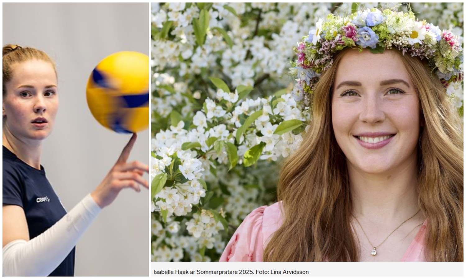 Bildcollage med två bilder där den första visar en kvinna som snurrar en volleyboll på ett finger. Den andra bilden visar samma kvinna med blomsterkrans i håret