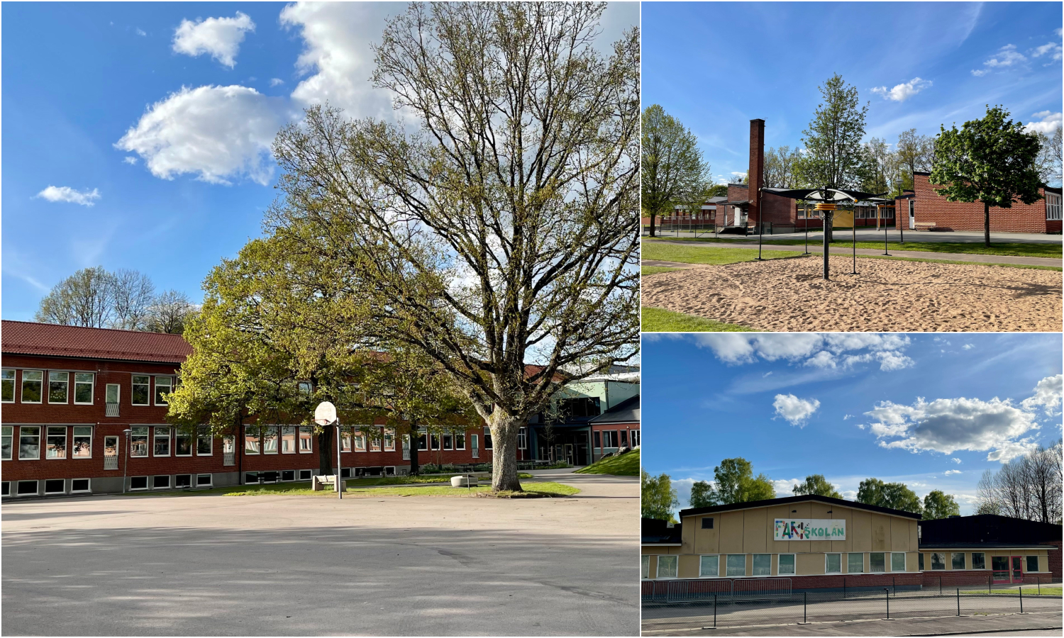 Bildcollage med tre bilder som visar exteriör Perstorps grundskolor: Centralskolan, Norra Lyckaskolan och Parkskolan