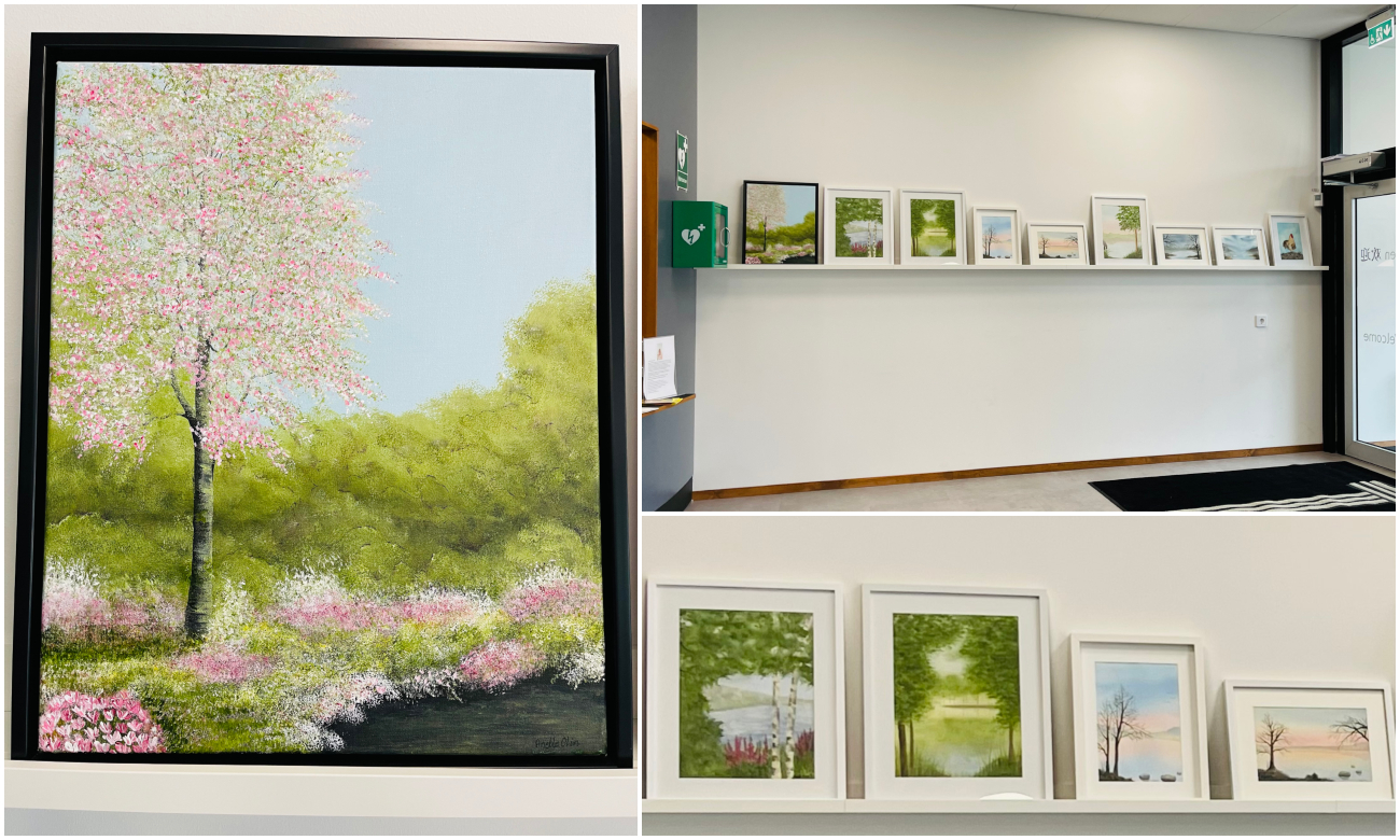 Bildcollage från tavellistutstälning i Centrumhuset foajé. Tre bilder med målningar med motitv från naturen.