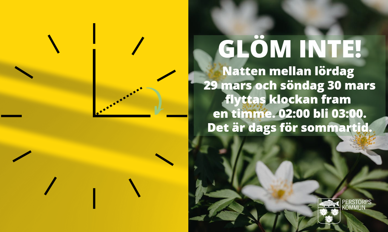 Sommartid börjar gälla natten mellan lördag 29 mars och söndag 30 mars 2025. Bildcollage med illustrerad klocka och en bild med vitsippor