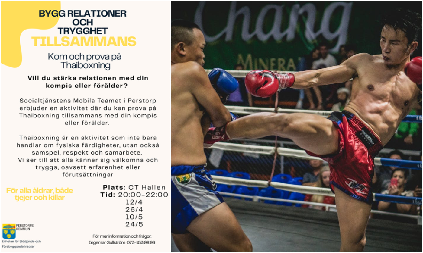 Bildcollage affisch med information om Thaiboxning samt en bild på Thaiboxning där två personer boxas i en ring.