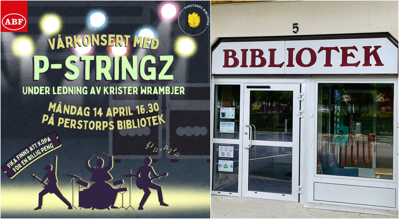 Bildcollage med två bilder där den första är en illustrerad bild med musiktema på vilken det står inbjudan till Vårkonsert 14 april på biblioteket. Bild två visar exteriör biblioteket.