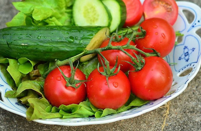 Tomater, gurka och sallad på ett fat