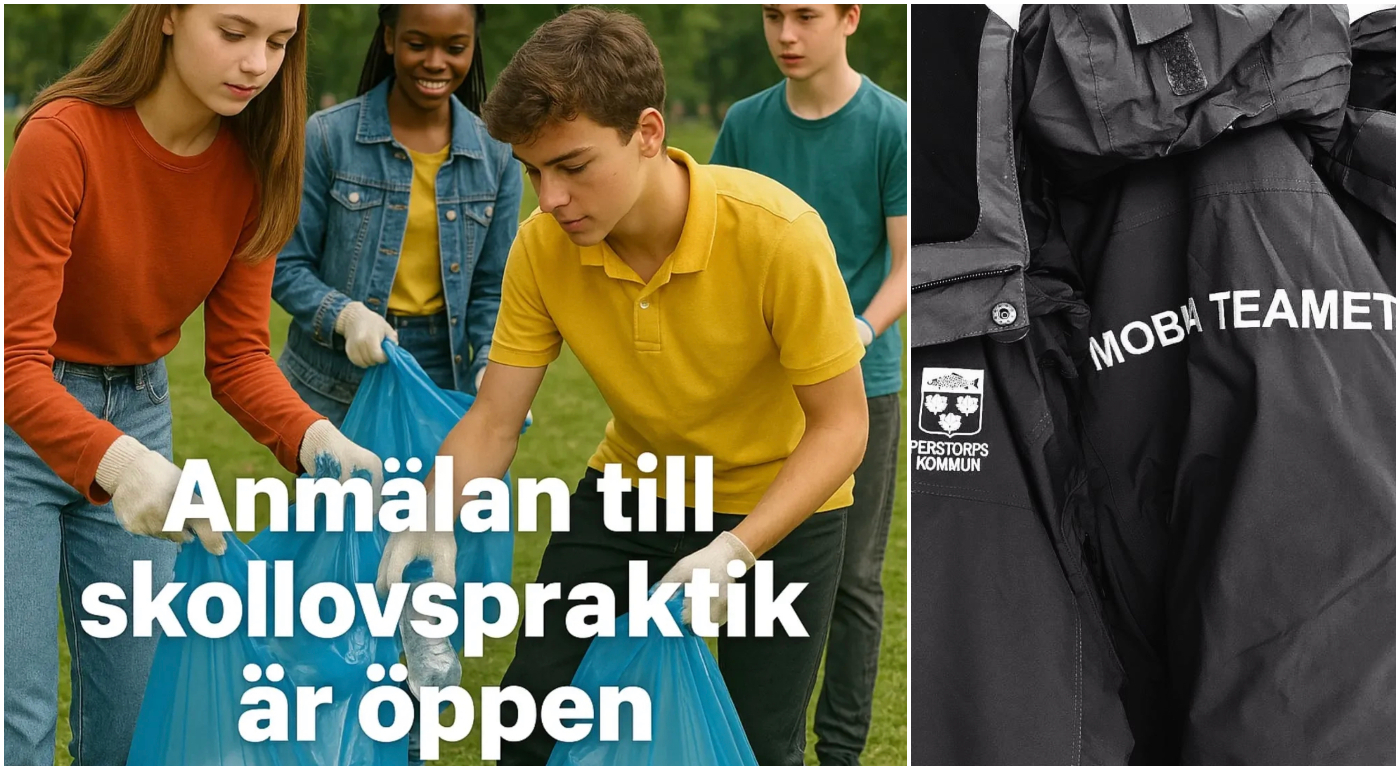 Bildcollage med två bilder där den första visar fyra ungdomar som håller i en plastsäck. med vit text står skrivet att anmälan till skollovspraktik är öppen. Bild två visar logotypen för Perstorps kommun och texten Mobila Teamet.