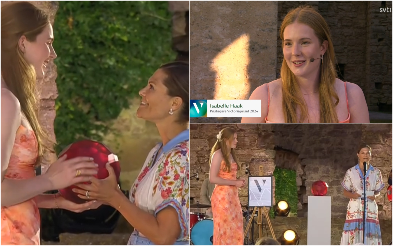 Bildcollage med tre skärmklipp från Sveriges Television. Victoria konserten 2024 där Isabelle Haak som började sin volleybollkarriär i Perstorp mottar årets Victoria pris.