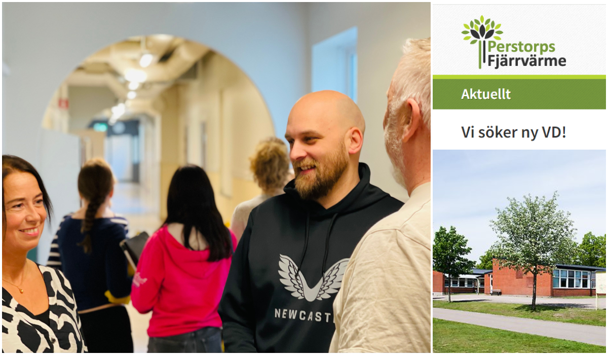 Bildcollage med tre bilder på temat lediga jobb. En bild (den största) visar personal inom skolan, övre bilden till höger visar skärmklipp från Perstorps fjärrvärmes webbplats där de söker ny vd. DEn tredje och mindre bilder ner till höger visar exteriör Norra Lyckanskolan.