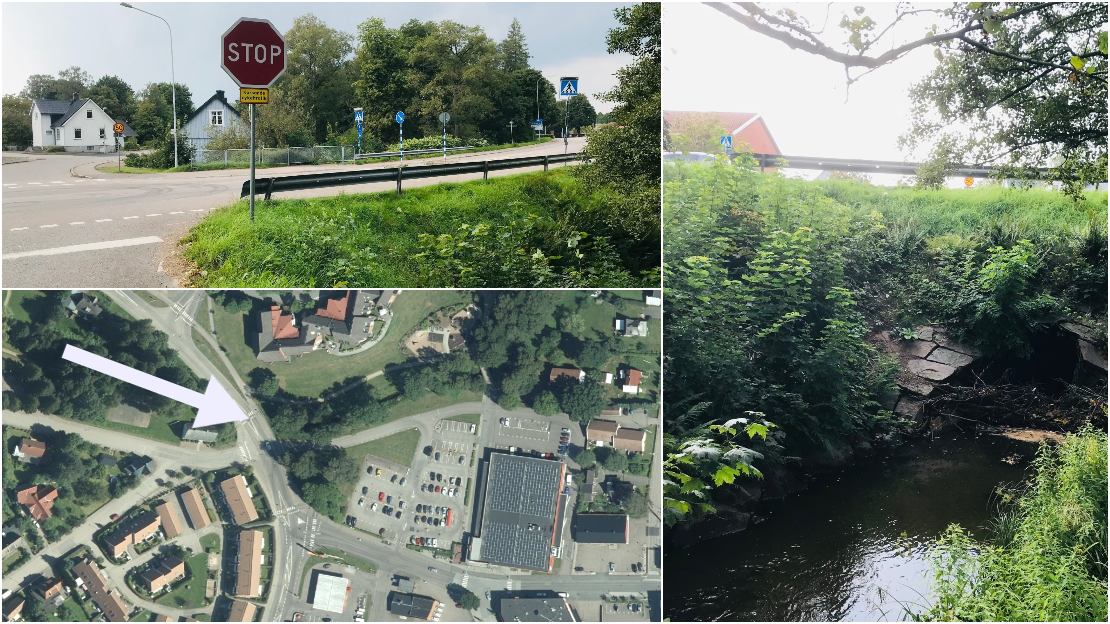 Bildcollage över korsning Oderljungaväge-Parkvägen och en vägtrumma som Perstorpbäcken rinner igenom. Vägtrumman behöver renoveras efter brister.