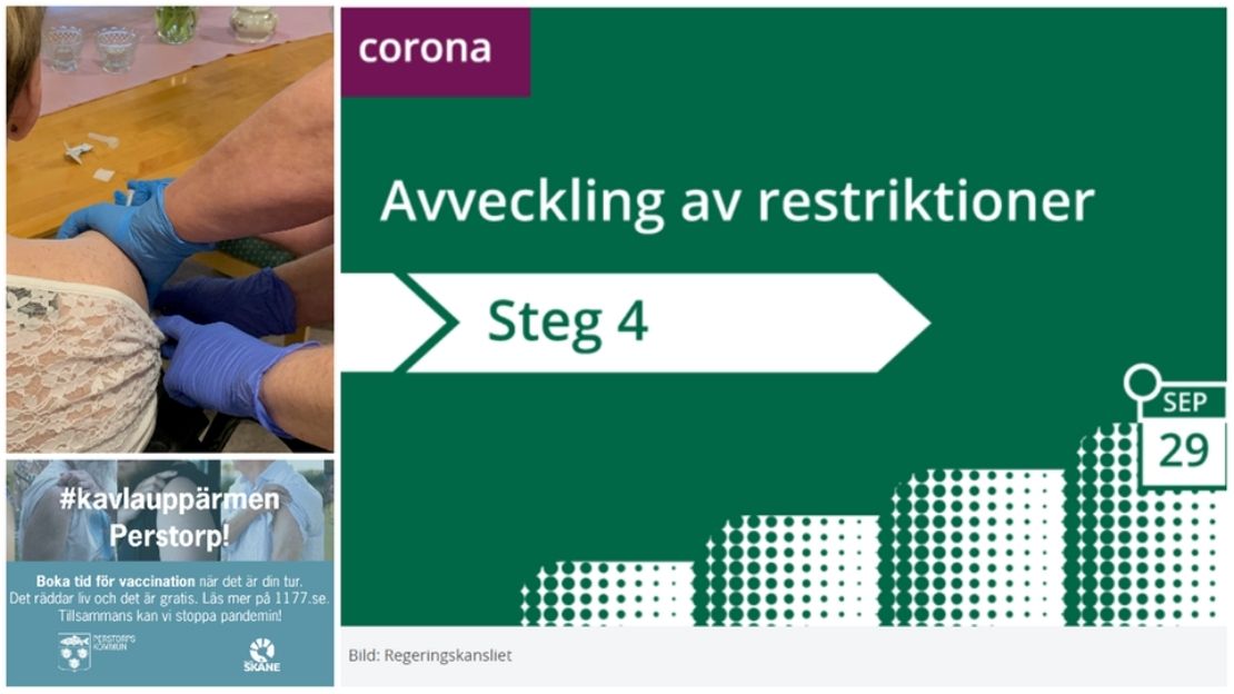 Bildcollage med regeringens steg fyra i avvecklingen av restriktioner. Dessutom bild på vaccination och att det är dags att kavla upp ärmen med Perstorps kommun och Region Skånes logotyper på.