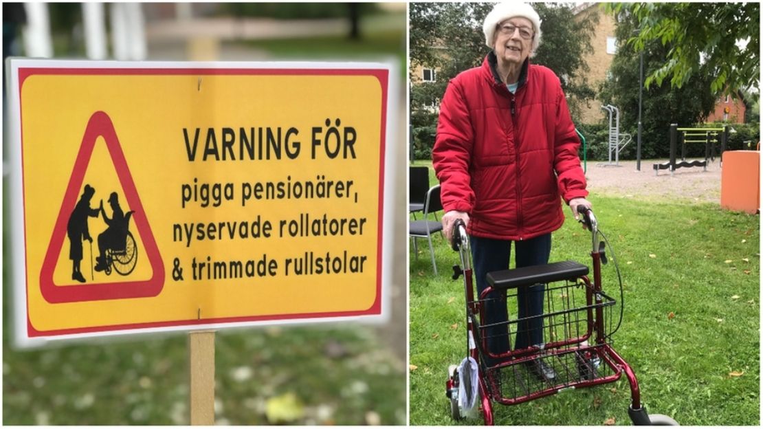 Bildcollage med två bilder. Ena visar skylt med text varning för pigga pensionärer. Andra bilden visar dam med rollator.