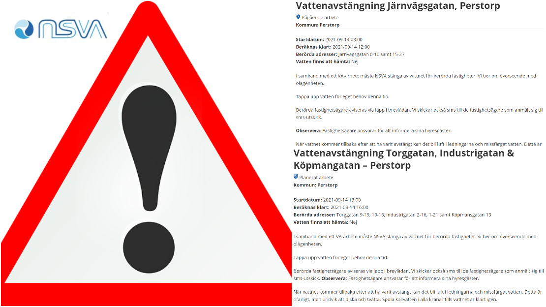 Bildcollage vattenavstängningar i centrala Perstorp 14 september