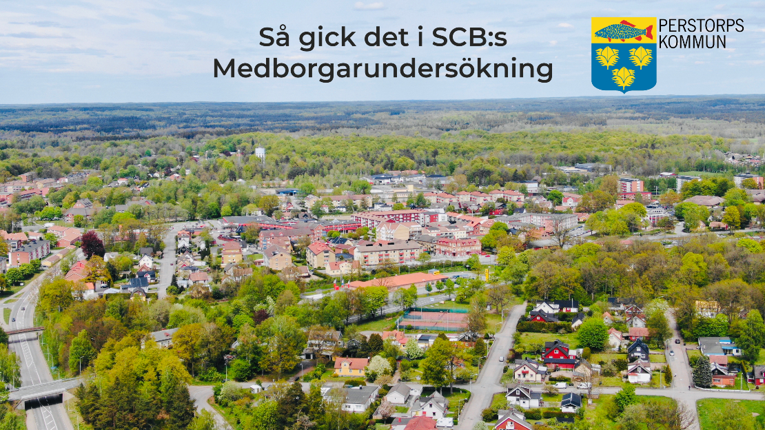 Flygfoto över Perstorp med texten så gick det i Medborgarundersökningen.