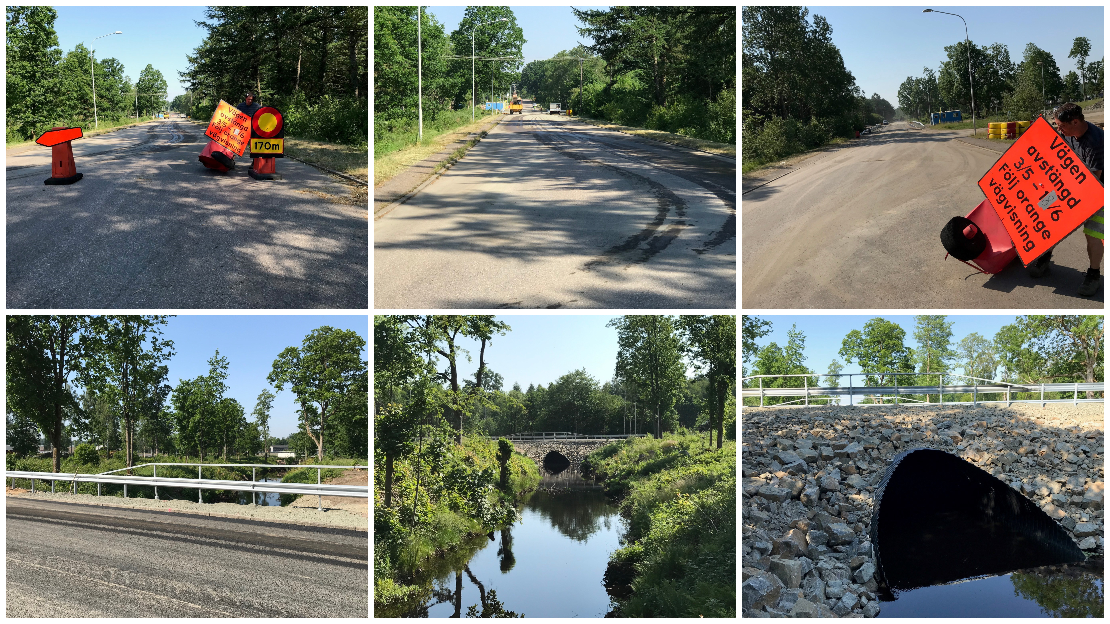 Bildcollage som visar nya bron/vägtrumman på Gustavsborgsvägen.