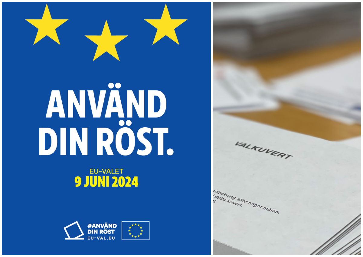 Bildcolage med två bilder där den första visar en blå affisch med gula stjärnor vilket ska illusterar att det är EU val. Men vid text står skrivet att det är val den 9 juni-Bilden brevid visar valkuvert.